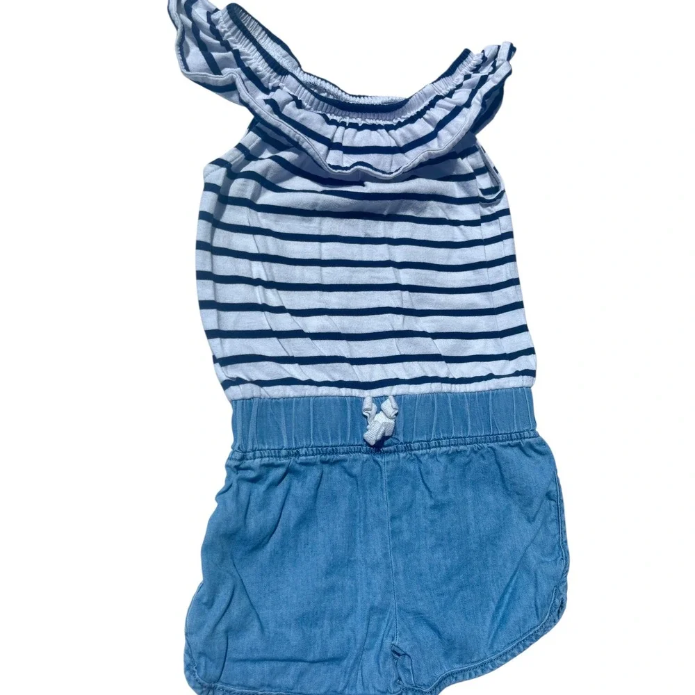 OshKosh B'gosh Romper Toddler 2T Blue White Excellent Striped Ruffle Chambray‎